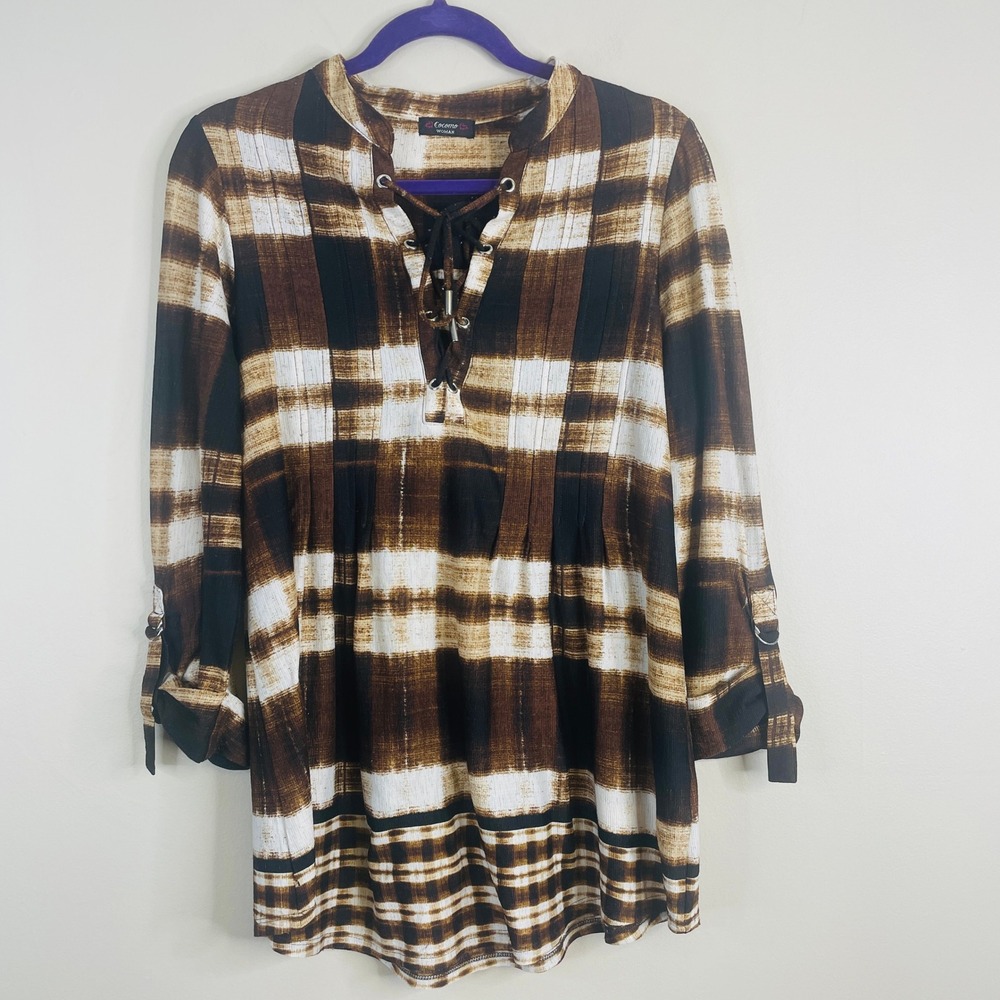 Cocomo Artsy Plaid Popover Tunic Top Womens Large Lace Up Neck 3/4 Sleeve Comfy